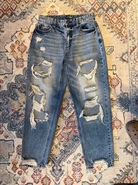 Fashion Nova Distressed High Rise Jeans - Blue Denim